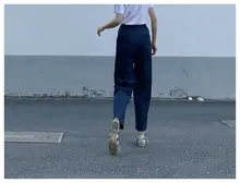 高品質な女性用ハイウエストストレートパンツ【深藍色・9分丈・シンプルデザイン】