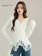 女性用レース毛羽立ちVネック長袖ニットトップス【秋季用・デザイン性・タイトフィット】
