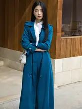 春用 レトロ ダブルボタンのブルー トレンチコート【薄手・女性用・フランス風】