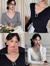 パール装飾付き バタフライリボン 長袖ニットトップス【春用・女性・タイトフィット】