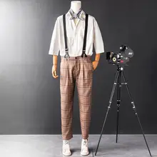 アメリカンレトロチェックのカジュアルパンツ【ウエストサスペンダー付き・男性用・トレンドデザイン】