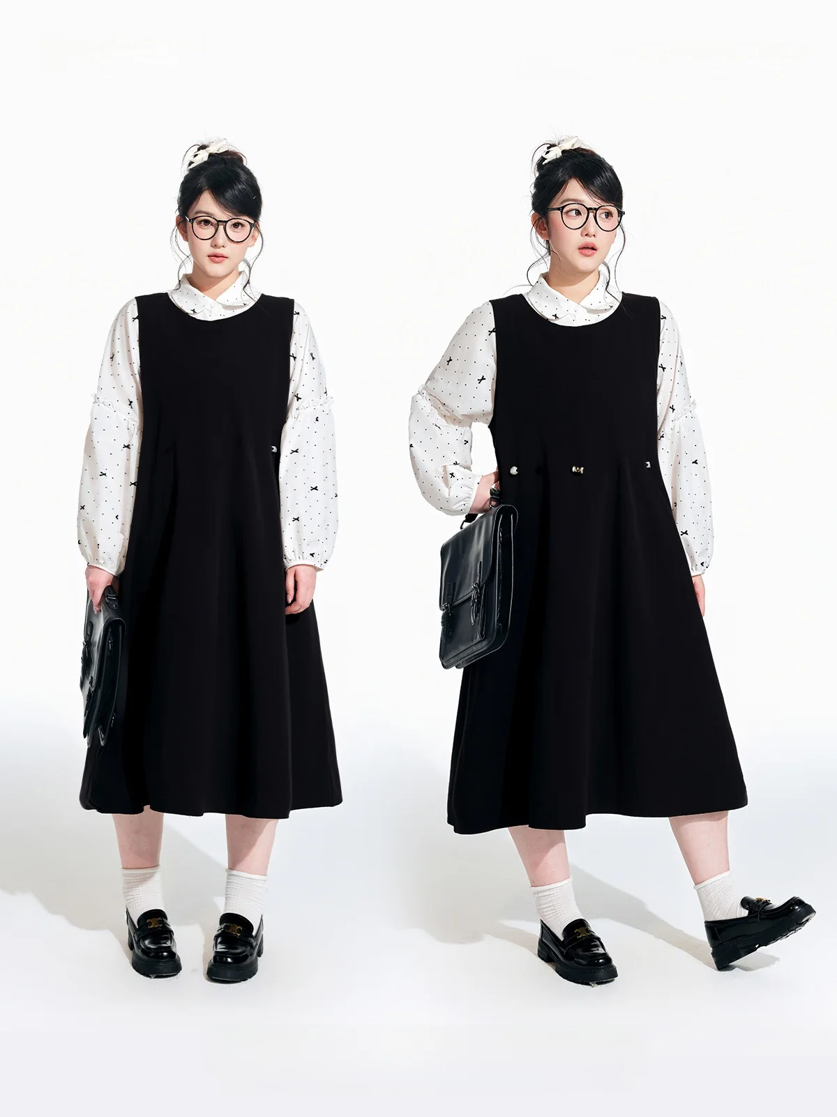 大人向けきれいめコーデにぴったりな黒色ストーンプリントワンピースセット