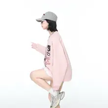 春秋用 プリント入りカジュアルスウェットシャツ【ピンク・ルーズフィット・クルーネック】
