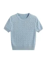 トップス レディース 半袖ニット 接触冷感 ブルー 上品 きれいめ 夏