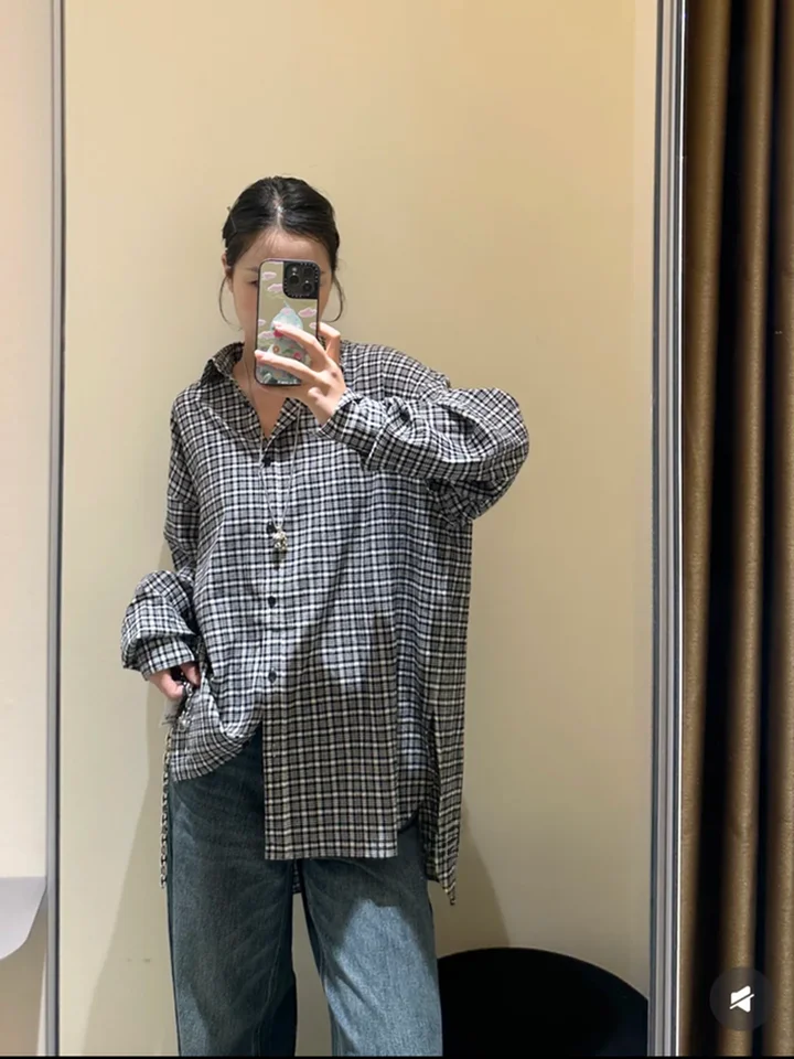 レトロチェック柄長袖カジュアルシャツ【襟付き・秋冬用】