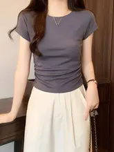 カフェブラウンの丸首短袖Tシャツ【タイトフィット・ウエストデザイン・シンプル】