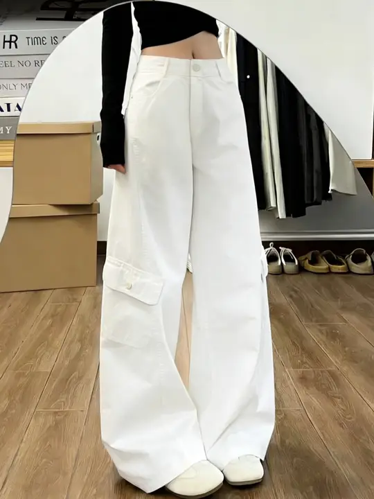 白色レトロ工装ワイドパンツ【高腰・フィット・春夏用】