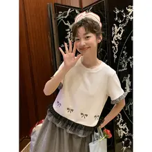 Tシャツ チュールスカート レディース 2点セット パッチワーク 白黒チェック柄 刺繍 きれいめ 若見え 「Jiang jam」