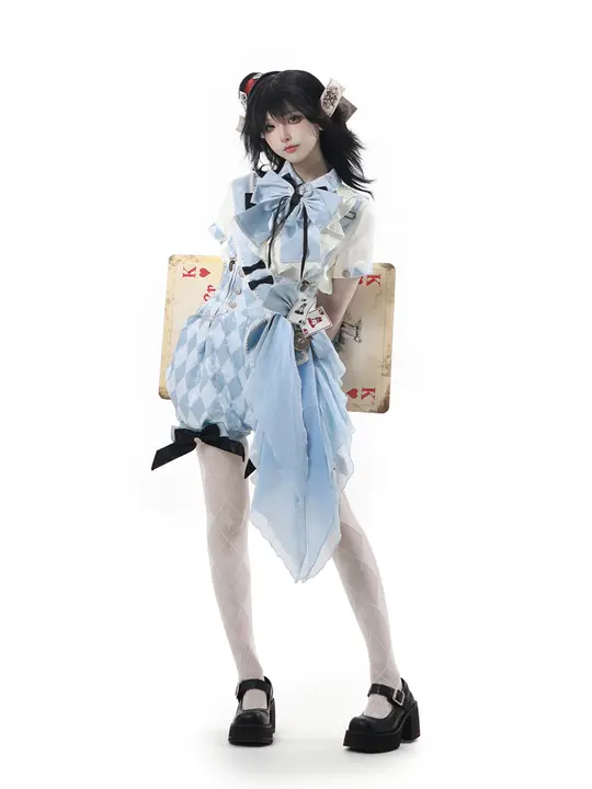 ロリータ風 ブルー＆ホワイトチェック プリンセスシャツとショートパンツ（セットアップ対応）