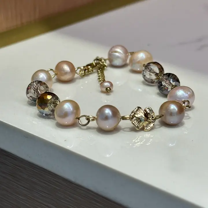 韓国ファッション シャンパン色パールブレスレット【女性用・個性的デザイン】