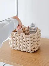 北欧風 コットンロープ編み収納バスケット【大サイズ・皮製ハンドル付き・デスク用整理】