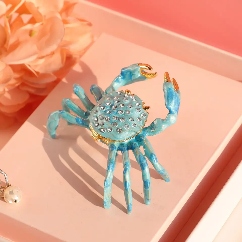 ジュエリーボックス リングケース カニ 置物 メタル 琺瑯 ハンドメイド