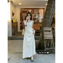Vネックレースのロングドレス【ウエストマーク・女性用・ファッション】