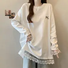 白色レースコンビネーション長袖Tシャツ【大きいサイズ・秋用・ミディ丈】