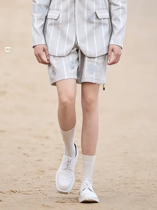 フランス風 ヴィンテージリゾートスタイルの貝殻刺繍入りストライプショートパンツ（セットアップ対応）
