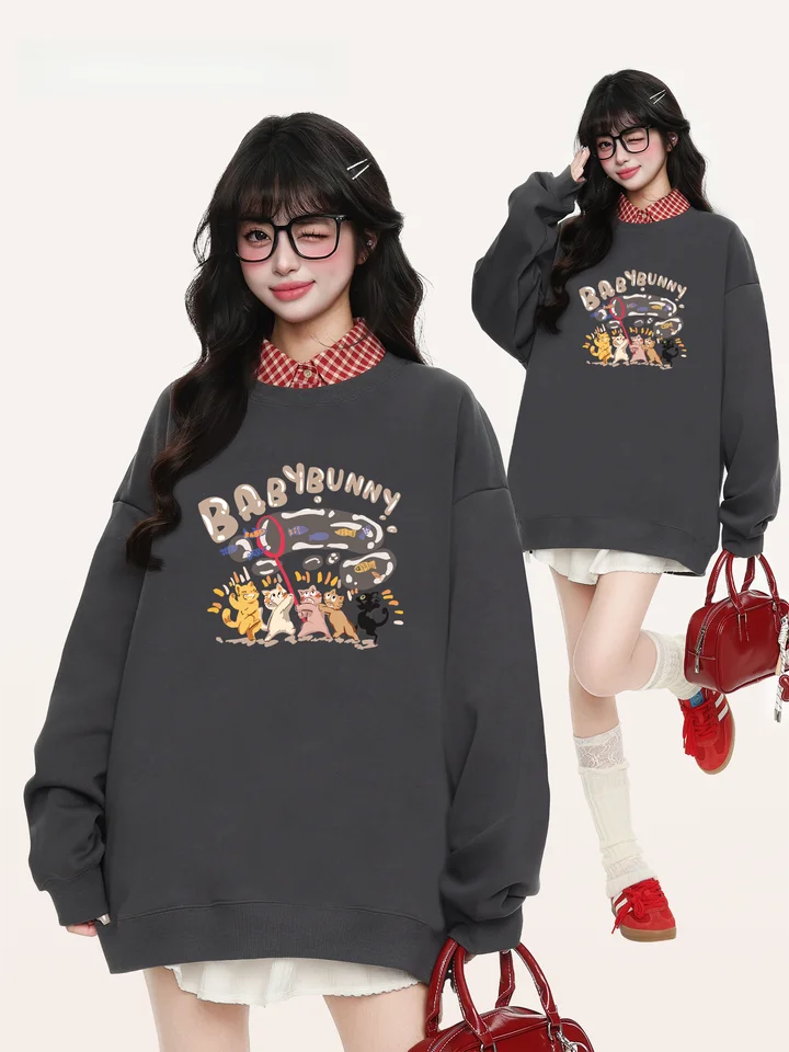 可愛い猫プリントのラウンドネック女性用スウェットシャツ【日系・秋用・フィット】（セットアップ対応）