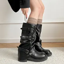 ブラックの粗めヒールの厚底マーチンブーツ【秋冬用・美脚効果・ライディングブーツ】