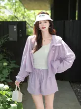 UPF50+ フード付き紫外線対策ジャケット【夏季用・女性・ゆったり・スポーツ＆カジュアル・ショートパンツ】（セットアップ対応）