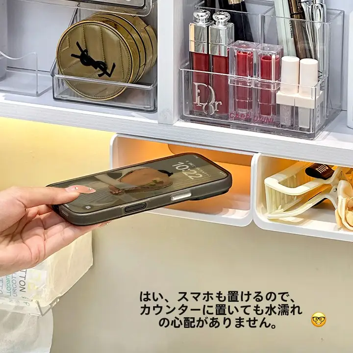 鏡下収納 引き出し式 吊り下げ バスルーム コスメラック スマホ ヘアアクセサリー パフ 収納ボックス