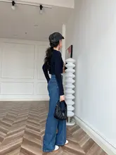 ジーンズ ハイウエスト スリム ストレート ストレッチ 快適 ダークブルー レトロ