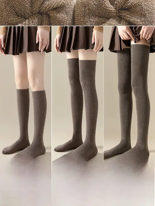 女性用秋冬向け膝上靴下【裏地フリース・保温・加厚・ロングレッグ丈】