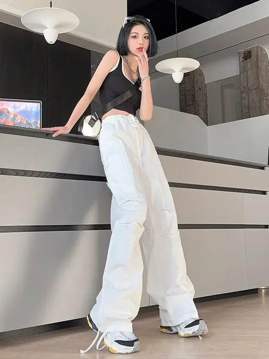 高身長向け綿100%ホワイトカジュアルパンツ【春夏用・水洗い・ドローストリング】