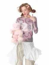春夏用アメリカンビンテージデザイン！ピンク星柄プリントフィット長袖Tシャツ【女性用】