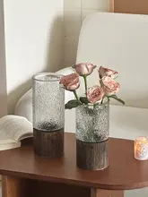 透明ガラス花瓶【水耕用・木製トレイ付き・リビング用インテリア】