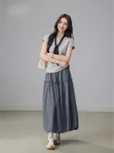 レトロチェック柄のウエストゴム花苞スカート【ゆったりとした中丈Aライン】