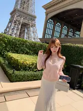 Vネック長袖ニットセーター【女性用・春季・ウール素材・フィット】