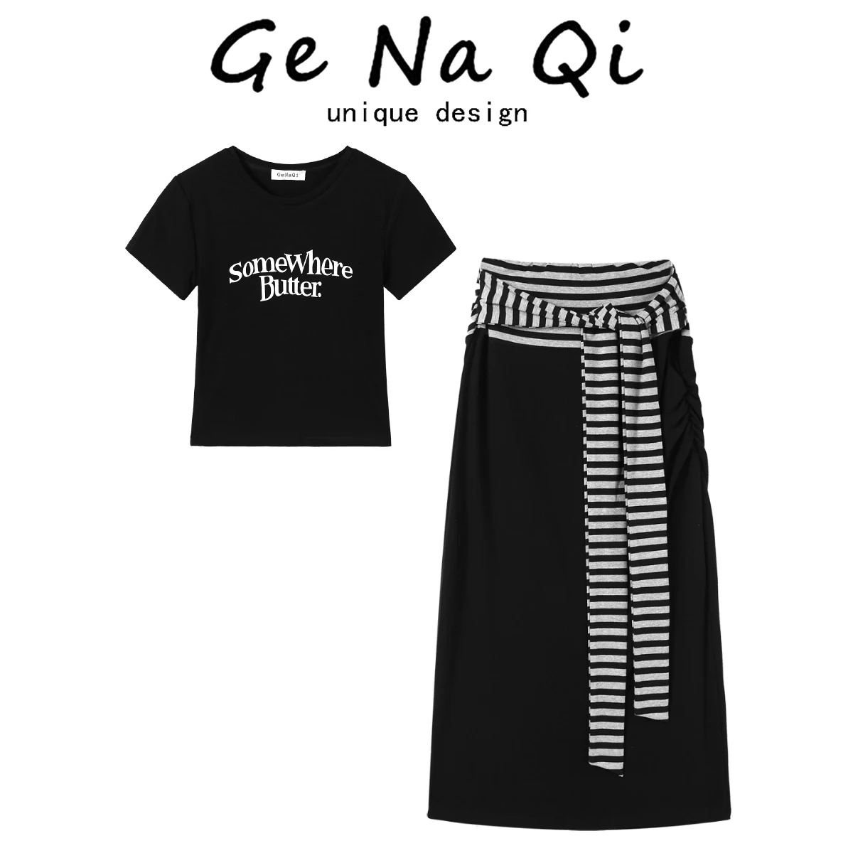 シースルートップス コーデ 夏：文字プリント半袖Tシャツとストライプリボンスカートのセットアップ使い方