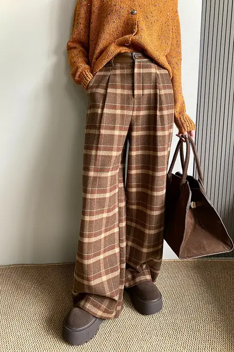 ヴィンテージ風チェックデザインのウールワイドパンツ【ハイウエスト・スリム効果・ロング丈】（セットアップ対応）