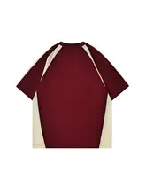 酒紅色のカラーブロック コットン半袖Tシャツ【アメリカンスタイル・ルーズフィット・ラグランスリーブ】