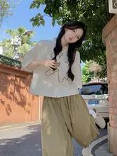 大きいサイズ レディース 夏用 ファッションシルエットを引き立てる刺繍シャツ【シンプルデザイン・ワイドレッグ七分丈パンツ】（セットアップ対応）