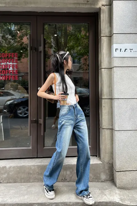 Tristine 高腰ワイドストレートデニムパンツ【秋用・ロング丈・女性用】
