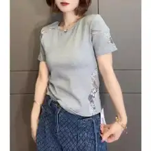 大きいサイズのレース透かしデザイン半袖Tシャツ【夏用・コットン・スリムフィット】