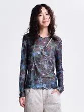 FUNシリーズの趣味プリント波型フリル短袖Tシャツ【レディース・メッシュ・春夏用】