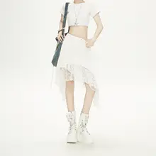 不規則な裾デザインの白いレーススカート【夏用・ハン系・細見え・個性的】