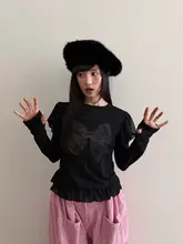 フリル付きメッシュデザインの長袖Tシャツ【リボンプリント・春用】（セットアップ対応）