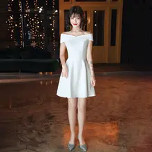 一字肩デザインの白色ドレス【セクシーで優雅なフレンチスタイル・パーティー用】