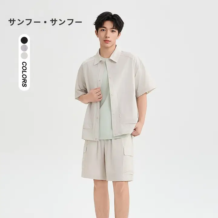 夏季 メンズ チェック柄コーディネート【都市型・フィット・翻領・大きなポケット付き】（セットアップ対応）