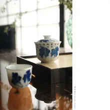 青花白菜模様の陶磁器茶器【詩文泡茶器・蓋碗・スプーン付き】