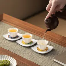 中式茶道用 四方珐琅彩杯垫【家用・防滑・隔熱・軽やかなデザイン】（セットアップ対応）