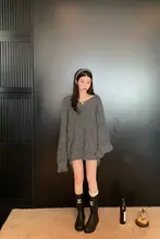 グレーVネックニットセーター【レディース・ルーズフィット・秋冬・ヒップカバー】
