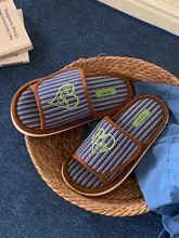 スリッパ レディース コットンリネン 細ストライプ ハート刺繍 ワンストラップ 吸汗 滑り止め 室内用 カジュアル 春夏