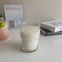 ストライプデザイン ガラス製コーヒーカップ【フタ付き・ストロー付き・家庭用・アイスカフェラテ・ミルク用】
