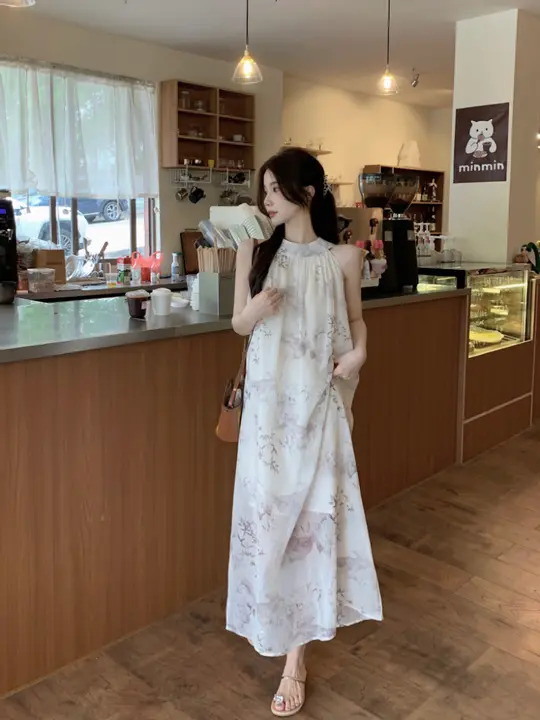 新中式プリントネックレス付きワンピース【夏季・Aライン・フレンチスタイル】