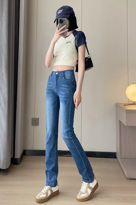 高腰ストレートデニムパンツ【スリム・ストレッチ・通勤向け】