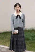 Hhyii 高腰チェック柄プリーツスカート【秋冬用・中長款・スリムフィット】