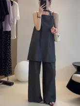 大きいサイズのファッションカジュアル深灰色キャミソールとパンツ【夏用・トレンドコーディネート】（セットアップ対応）